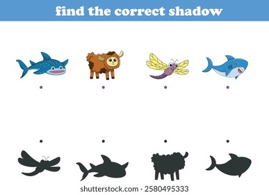 Funny cartoon wild life. Find the correct shadow. Kids Education games. Cartoon vector illustration