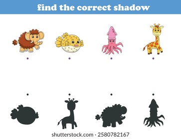 Funny cartoon wild life. Find the correct shadow. Kids Education games. Cartoon vector illustration