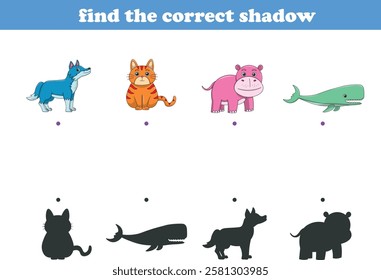 Funny cartoon wild life. Find the correct shadow. Kids Education games. Cartoon vector illustration