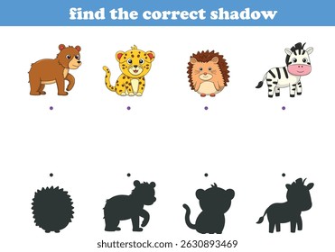 Funny cartoon wild life. Find the correct shadow. Kids Education games. Cartoon vector illustration