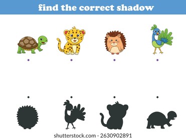Funny cartoon wild life. Find the correct shadow. Kids Education games. Cartoon vector illustration