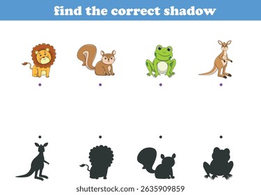 Funny cartoon wild life. Find the correct shadow. Kids Education games. Cartoon vector illustration