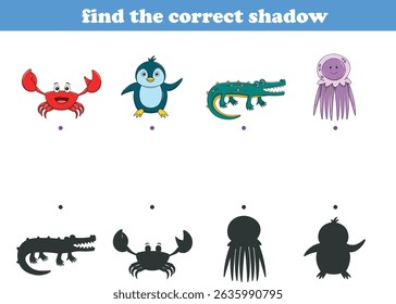 Funny cartoon wild life. Find the correct shadow. Kids Education games. Cartoon vector illustration