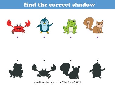 Funny cartoon wild life. Find the correct shadow. Kids Education games. Cartoon vector illustration