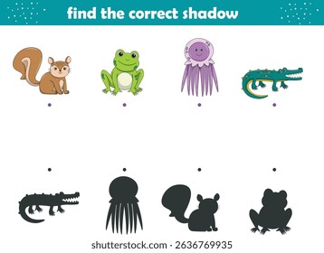 Funny cartoon wild life. Find the correct shadow. Kids Education games. Cartoon vector illustration