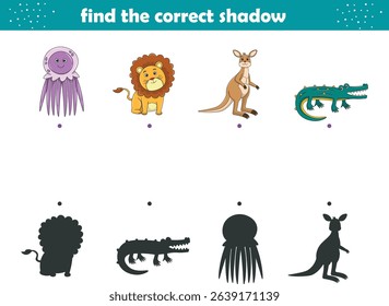 Funny cartoon wild life. Find the correct shadow. Kids Education games. Cartoon vector illustration