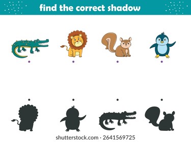 Funny cartoon wild life. Find the correct shadow. Kids Education games. Cartoon vector illustration