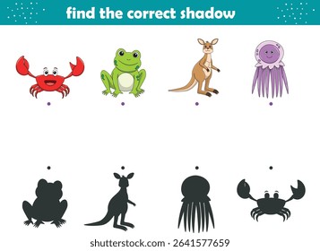 Funny cartoon wild life. Find the correct shadow. Kids Education games. Cartoon vector illustration