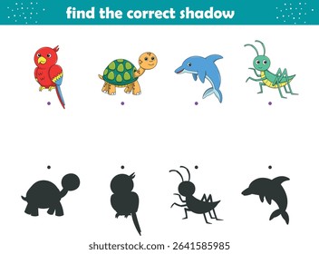 Funny cartoon wild life. Find the correct shadow. Kids Education games. Cartoon vector illustration