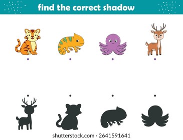 Funny cartoon wild life. Find the correct shadow. Kids Education games. Cartoon vector illustration