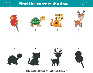 Funny cartoon wild life. Find the correct shadow. Kids Education games. Cartoon vector illustration
