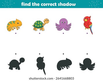 Funny cartoon wild life. Find the correct shadow. Kids Education games. Cartoon vector illustration