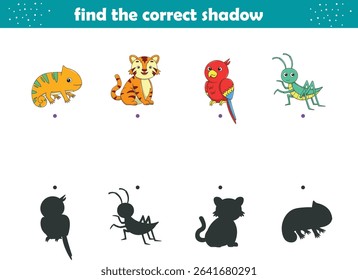 Funny cartoon wild life. Find the correct shadow. Kids Education games. Cartoon vector illustration
