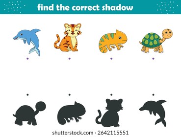 Funny cartoon wild life. Find the correct shadow. Kids Education games. Cartoon vector illustration