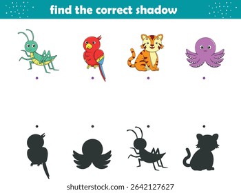 Funny cartoon wild life. Find the correct shadow. Kids Education games. Cartoon vector illustration