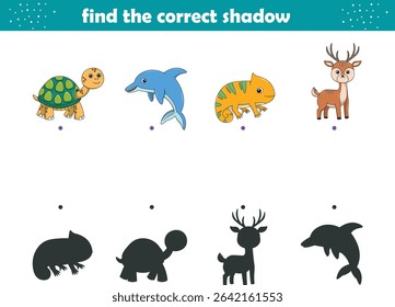 Funny cartoon wild life. Find the correct shadow. Kids Education games. Cartoon vector illustration