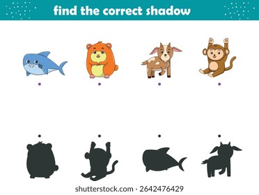 Funny cartoon wild life. Find the correct shadow. Kids Education games. Cartoon vector illustration