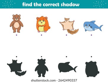 Funny cartoon wild life. Find the correct shadow. Kids Education games. Cartoon vector illustration
