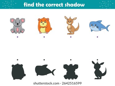 Funny cartoon wild life. Find the correct shadow. Kids Education games. Cartoon vector illustration