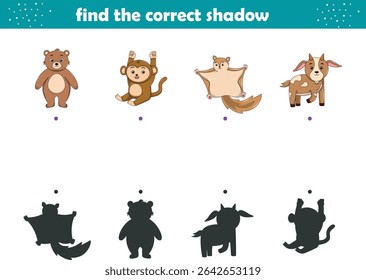 Funny cartoon wild life. Find the correct shadow. Kids Education games. Cartoon vector illustration
