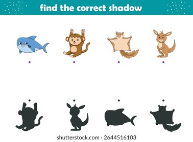 Funny cartoon wild life. Find the correct shadow. Kids Education games. Cartoon vector illustration