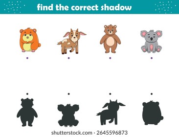 Funny cartoon wild life. Find the correct shadow. Kids Education games. Cartoon vector illustration