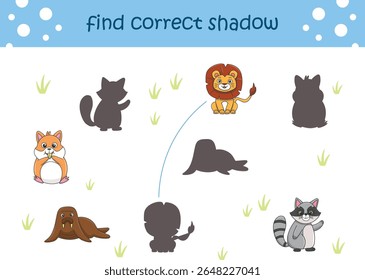 Funny cartoon wild life. Find the correct shadow. Kids Education games. Cartoon vector illustration