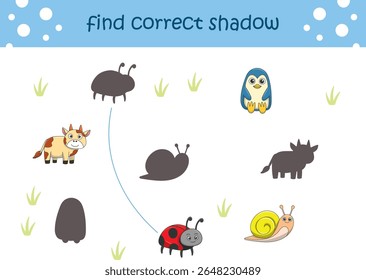 Funny cartoon wild life. Find the correct shadow. Kids Education games. Cartoon vector illustration