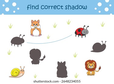 Funny cartoon wild life. Find the correct shadow. Kids Education games. Cartoon vector illustration