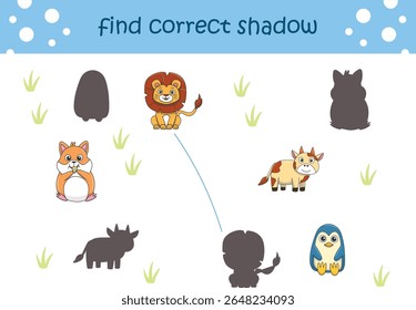 Funny cartoon wild life. Find the correct shadow. Kids Education games. Cartoon vector illustration