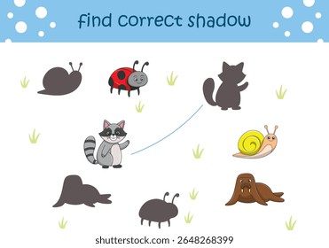 Funny cartoon wild life. Find the correct shadow. Kids Education games. Cartoon vector illustration