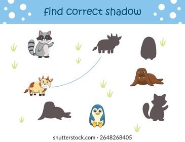 Funny cartoon wild life. Find the correct shadow. Kids Education games. Cartoon vector illustration