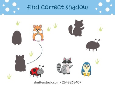 Funny cartoon wild life. Find the correct shadow. Kids Education games. Cartoon vector illustration