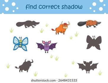 Funny cartoon wild life. Find the correct shadow. Kids Education games. Cartoon vector illustration