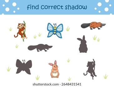 Funny cartoon wild life. Find the correct shadow. Kids Education games. Cartoon vector illustration