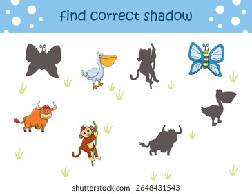 Funny cartoon wild life. Find the correct shadow. Kids Education games. Cartoon vector illustration