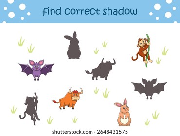 Funny cartoon wild life. Find the correct shadow. Kids Education games. Cartoon vector illustration