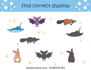 Funny cartoon wild life. Find the correct shadow. Kids Education games. Cartoon vector illustration
