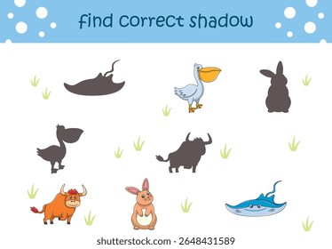 Funny cartoon wild life. Find the correct shadow. Kids Education games. Cartoon vector illustration