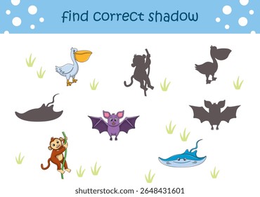 Funny cartoon wild life. Find the correct shadow. Kids Education games. Cartoon vector illustration