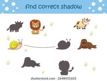 Funny cartoon wild life. Find the correct shadow. Kids Education games. Cartoon vector illustration