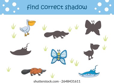 Funny cartoon wild life. Find the correct shadow. Kids Education games. Cartoon vector illustration