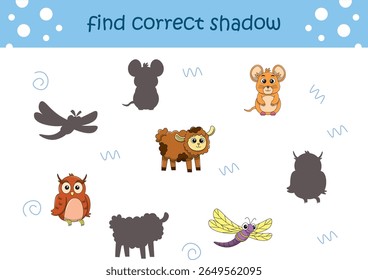 Funny cartoon wild life. Find the correct shadow. Kids Education games. Cartoon vector illustration