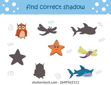 Engraçado desenho animado vida selvagem. Encontre a sombra correta. Crianças Educação jogos. Ilustração de vetor de desenhos animados