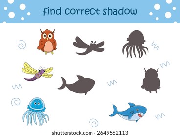 Engraçado desenho animado vida selvagem. Encontre a sombra correta. Crianças Educação jogos. Ilustração de vetor de desenhos animados