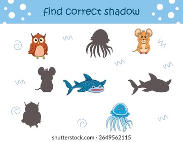 Funny cartoon wild life. Find the correct shadow. Kids Education games. Cartoon vector illustration