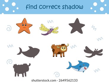 Funny cartoon wild life. Find the correct shadow. Kids Education games. Cartoon vector illustration