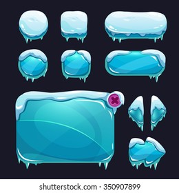 Funny cartoon winter game user interface, ice and snow panel, buttons and arrows, vector gui