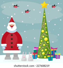 funny cartoon winter holidays background with Santa, spruce, bullfinches and cute rabbits