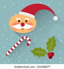 funny cartoon winter holidays background with cute Santa Claus, lollipop and branch of Holly isolated on the gray-blue background